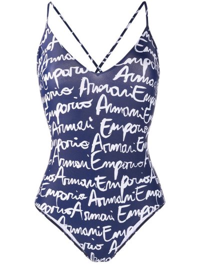 Bañadores Armani Emporio Logo Print Crisscross Back Mujer Negras Blancas | 31ANV8D2