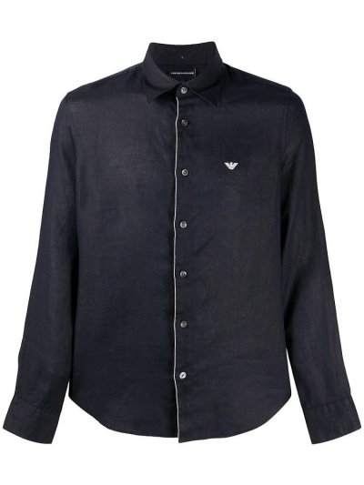 Camisas Armani Emporio Long Sleeve Linen Hombre Azules | LTQAAH6P