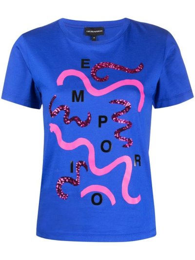 Camiseta Armani Emporio Sequin Embellished Printed Mujer Azules | L9SUSRGO