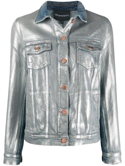 Chaquetas Armani Emporio Metallic Denim Mujer Azules Plateadas | 67LYI9GM