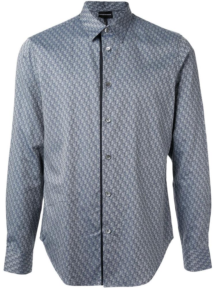 Camisas Armani Emporio Long Sleeve All Over Print Hombre Azules Gris | HJZNZ5DE