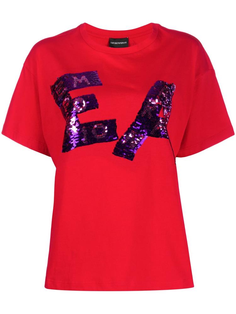 Camiseta Armani Emporio Sequined Logo Mujer Rojas | 1RXI1GYC