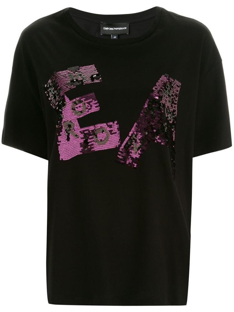 Camiseta Armani Emporio Sequinned Logo Boxy Mujer Negras Moradas | IH98VFA6