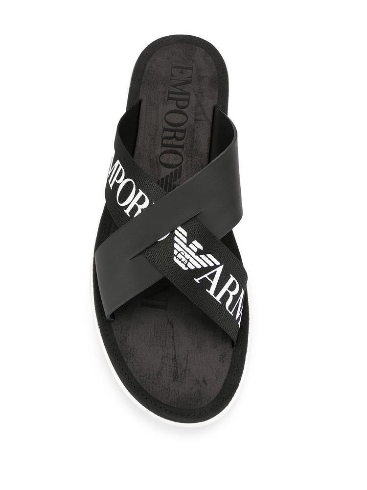 Sandalias Armani Emporio Cross Over Logo Correa Hombre Negras | WXW68SJK